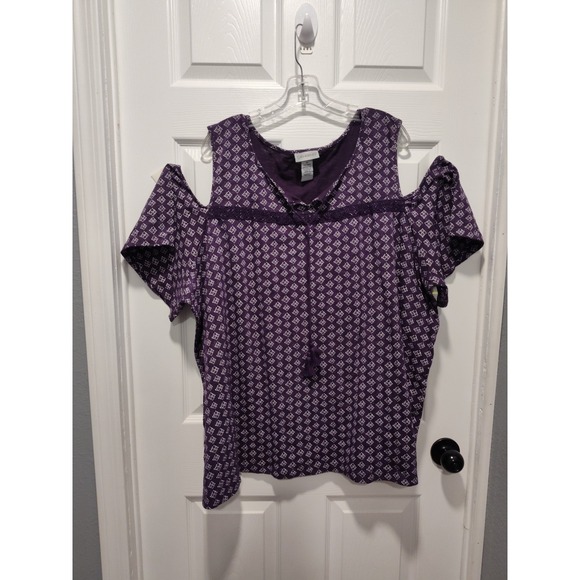 Catherines Plus Size 3X 26/28W purple/white 100% cotton cold shoulder knit top - Picture 1 of 10
